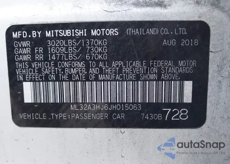 2018 Mitsubishi Mirage Es z USA, uszkodzony, nr VIN ML32A3HJ6JH015063